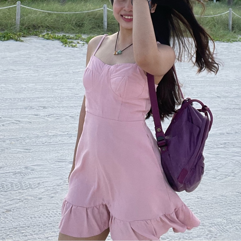 Pink Dress with Purple Backpack